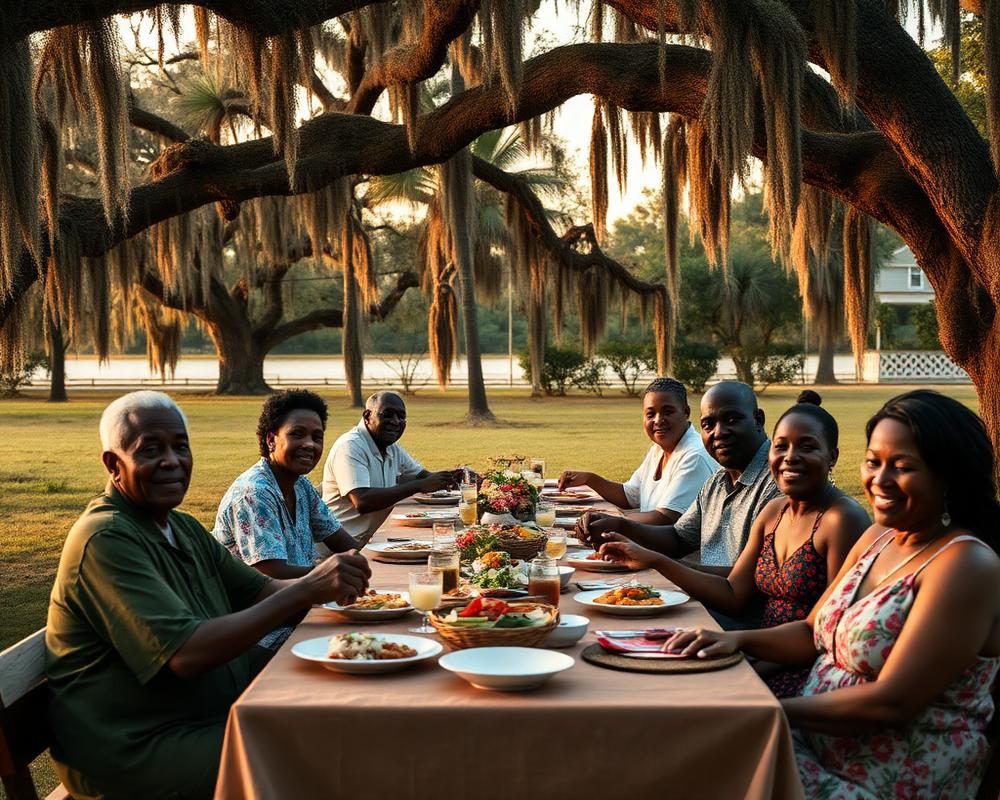 A Gullah family sharing a Lowcountry meal beneath live oaks