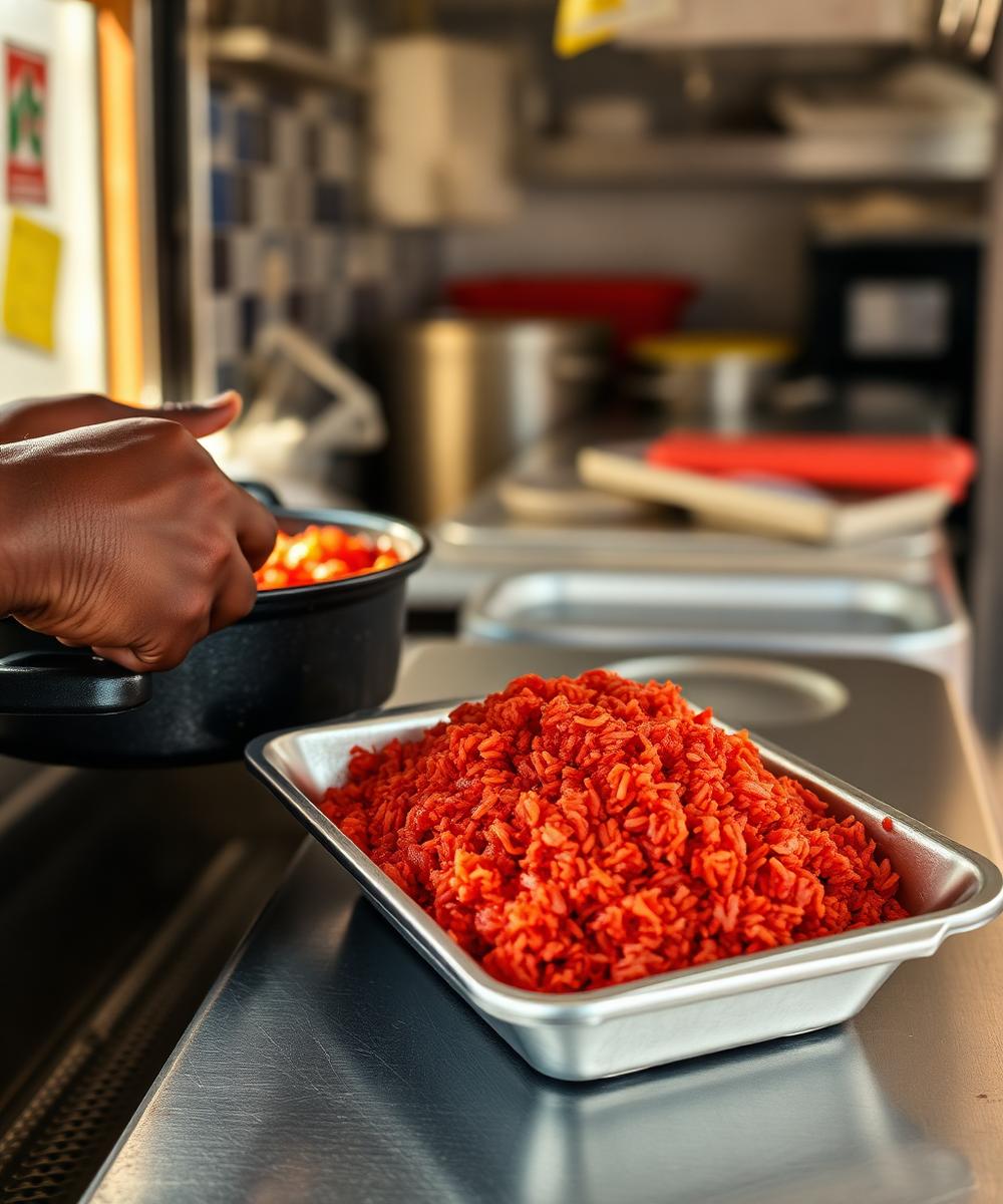 Red rice being plated inside the food truck