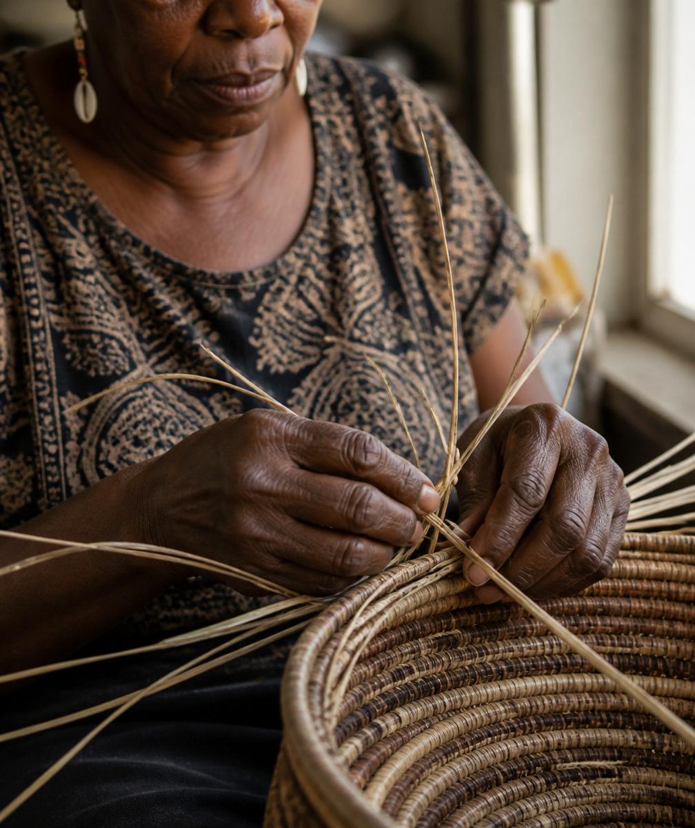 Gullah artisan hands weaving a traditional sweetgrass basket in warm natural light